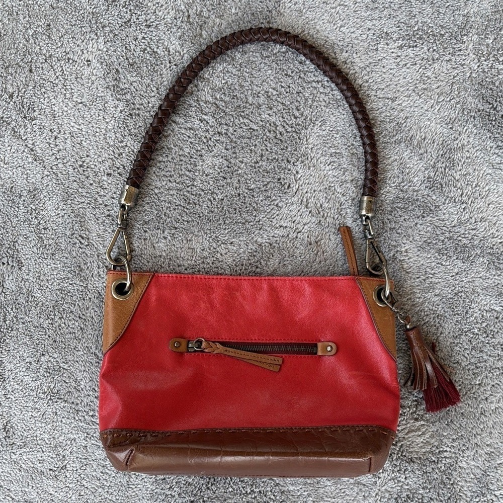 The Sak Indio Demi Hobo Bag Red Leather Braided Strap Whipstitch Tassel Purse